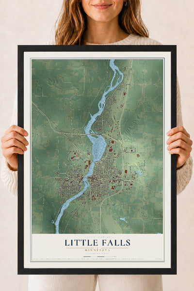 Map of Little Falls, Minnesota, 18 x 24 inch print in a black wood frame