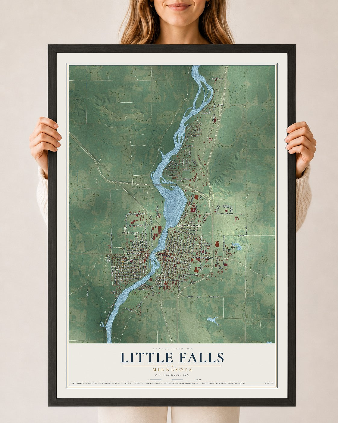 Map of Little Falls, Minnesota, 24 x 36 inch print in a black wood frame