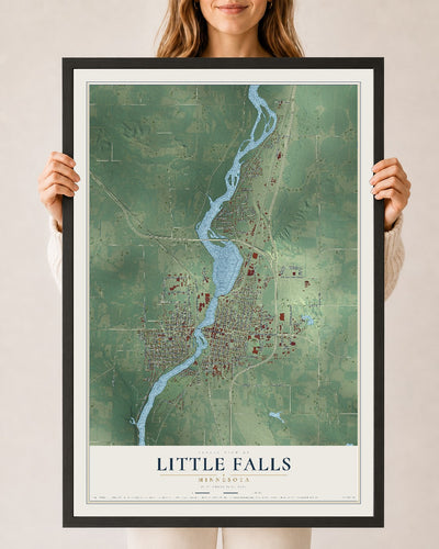 Map of Little Falls, Minnesota, 24 x 36 inch print in a black wood frame