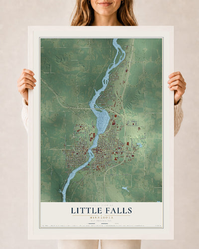 Map of Little Falls, Minnesota, 24 x 36 inch print in a white wood frame