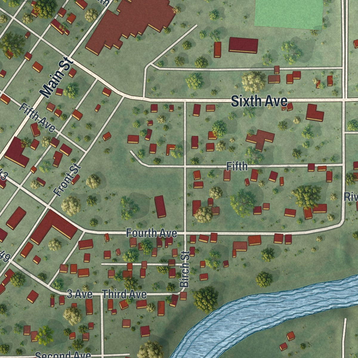 Close-up of the map of Littlefork, Minnesota print showing street and building detail