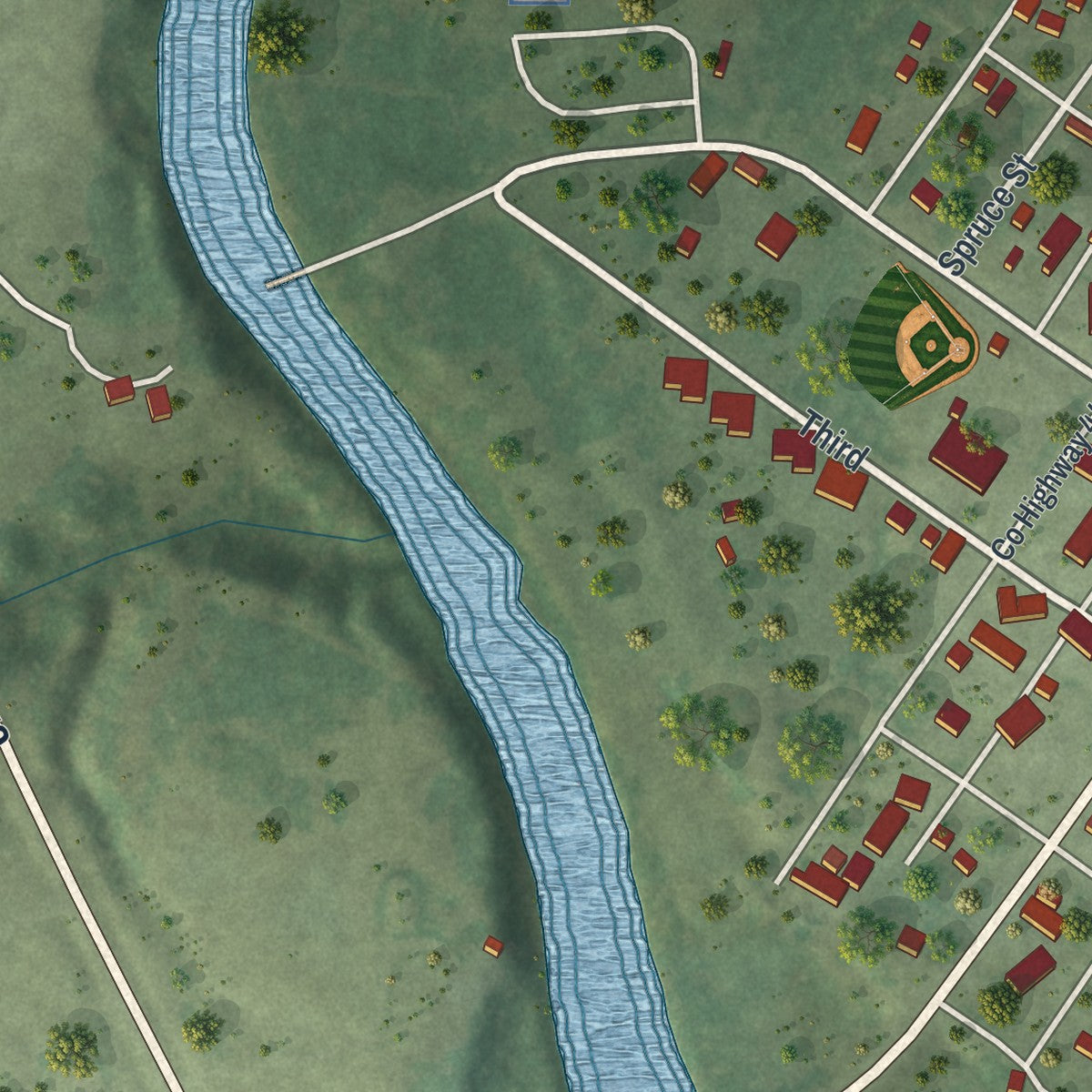 Second close-up of the map of Littlefork, Minnesota print showing more streets and buildings