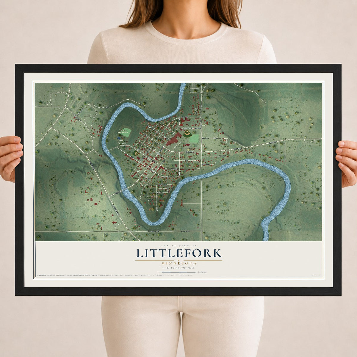 Map of Littlefork, Minnesota, 18 x 24 inch print in a black wood frame