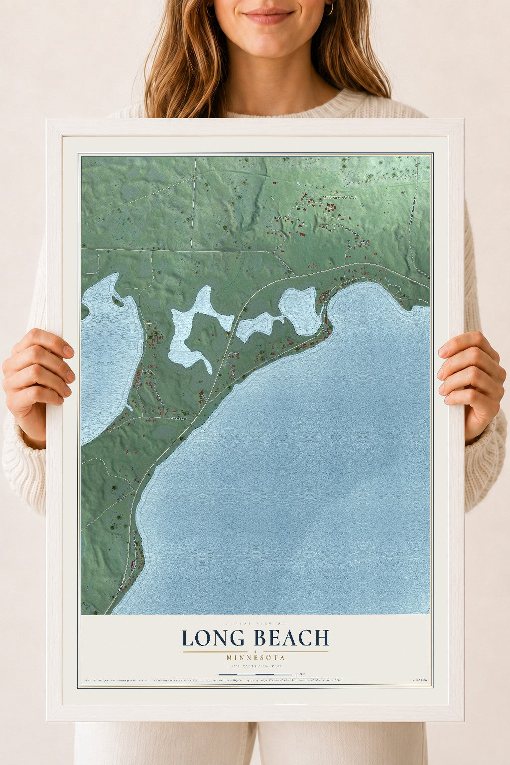 Map of Long Beach, Minnesota, 18 x 24 inch print in a white wood frame