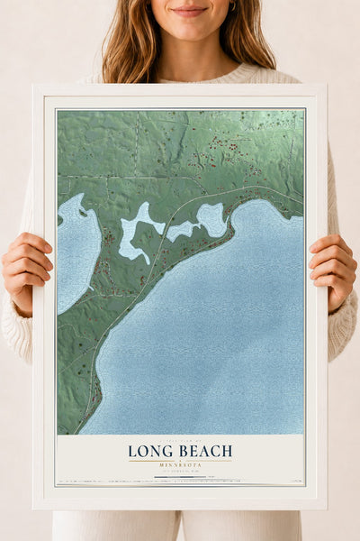 Map of Long Beach, Minnesota, 18 x 24 inch print in a white wood frame