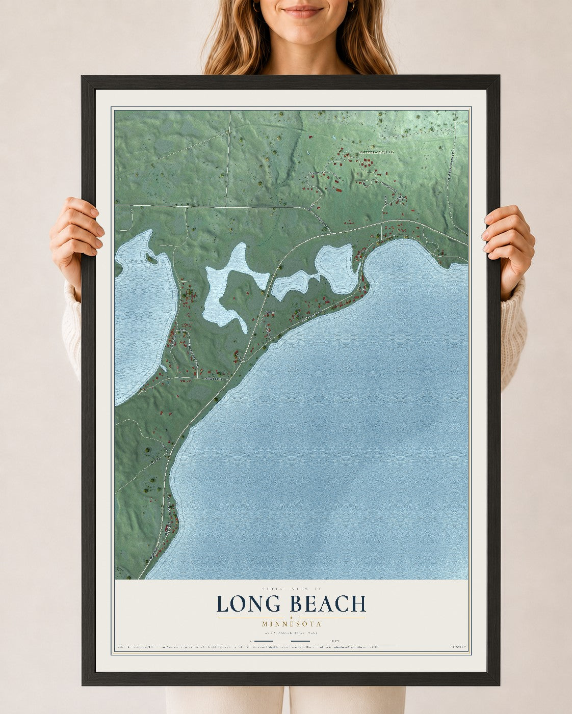 Map of Long Beach, Minnesota, 24 x 36 inch print in a black wood frame