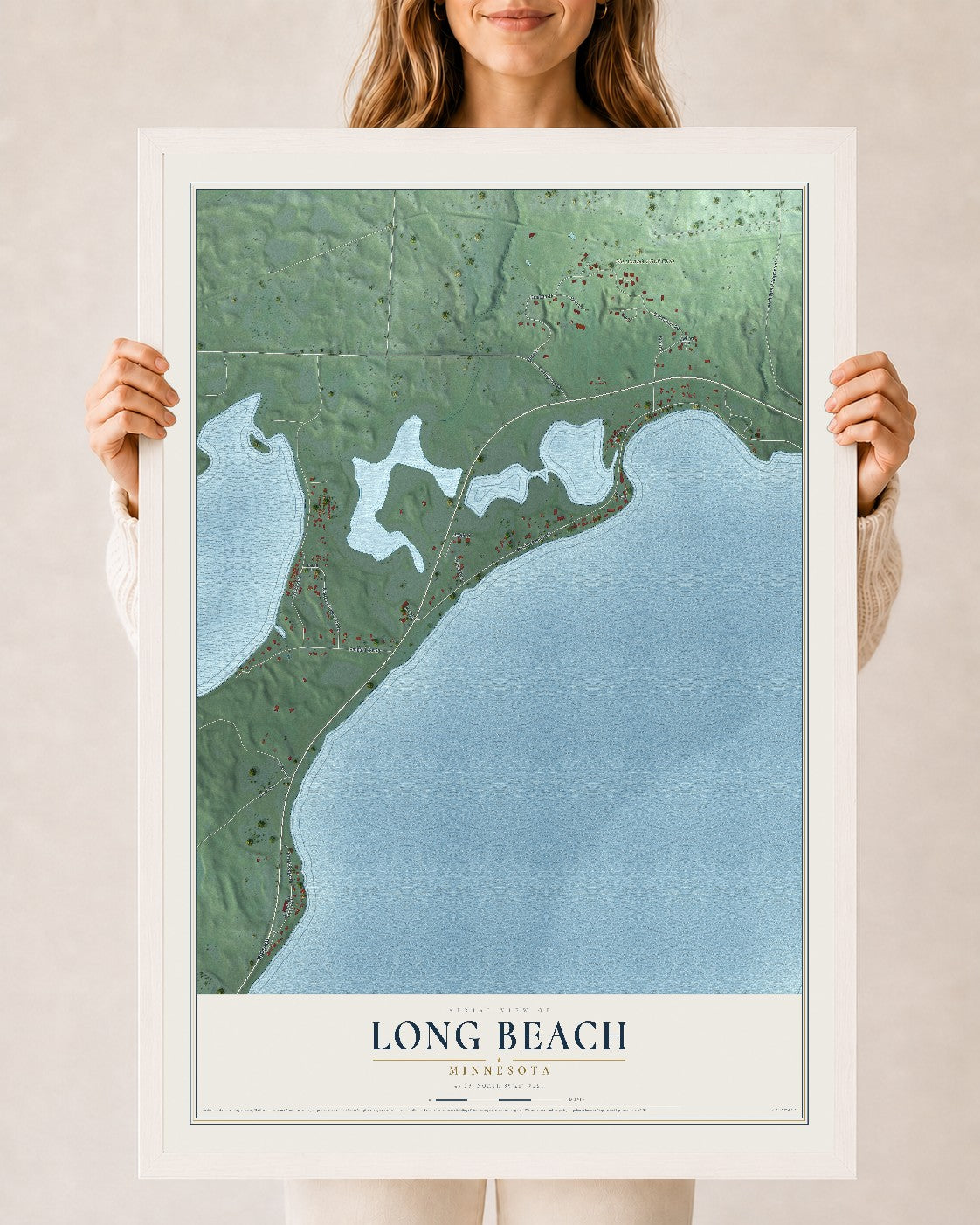 Map of Long Beach, Minnesota, 24 x 36 inch print in a white wood frame