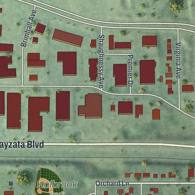 Close-up of the map of Long Lake, Minnesota print showing street and building detail