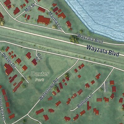 Second close-up of the map of Long Lake, Minnesota print showing more streets and buildings