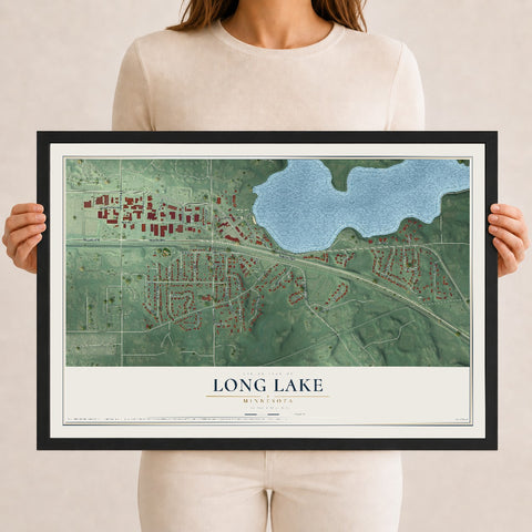 Map of Long Lake, Minnesota, 12 x 18 inch print in a black wood frame