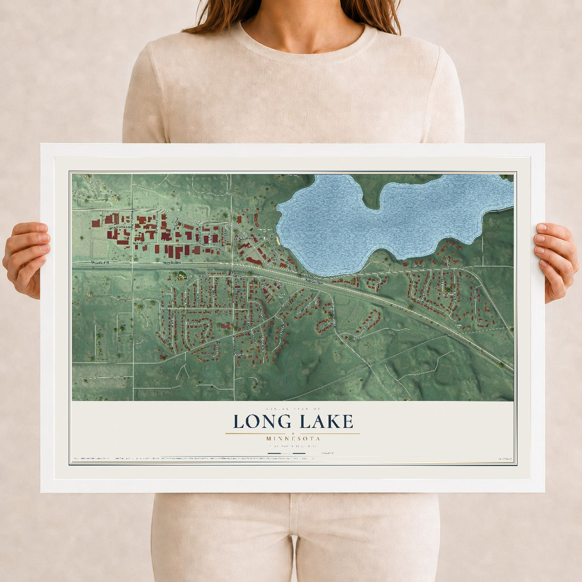 Map of Long Lake, Minnesota, 12 x 18 inch print in a white wood frame