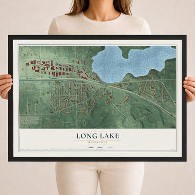 Map of Long Lake, Minnesota, 18 x 24 inch print in a black wood frame