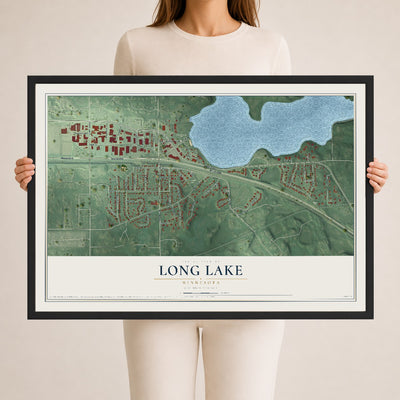 Map of Long Lake, Minnesota, 24 x 36 inch print in a black wood frame