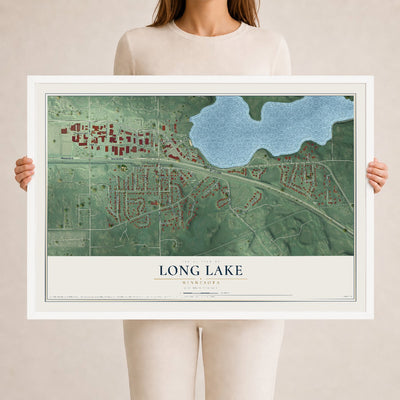 Map of Long Lake, Minnesota, 24 x 36 inch print in a white wood frame
