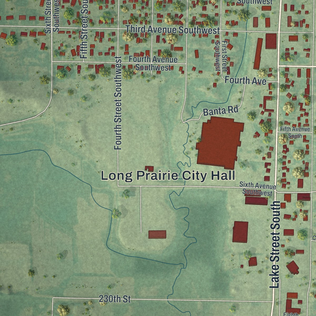 Second close-up of the map of Long Prairie, Minnesota print showing more streets and buildings
