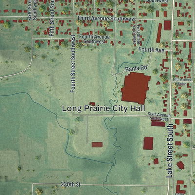 Second close-up of the map of Long Prairie, Minnesota print showing more streets and buildings