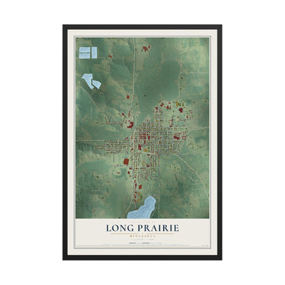 Map of Long Prairie, Minnesota, 12 x 18 inch print in a black wood frame