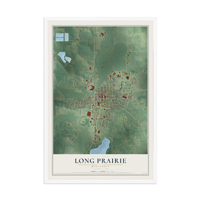 Map of Long Prairie, Minnesota, 12 x 18 inch print in a white wood frame