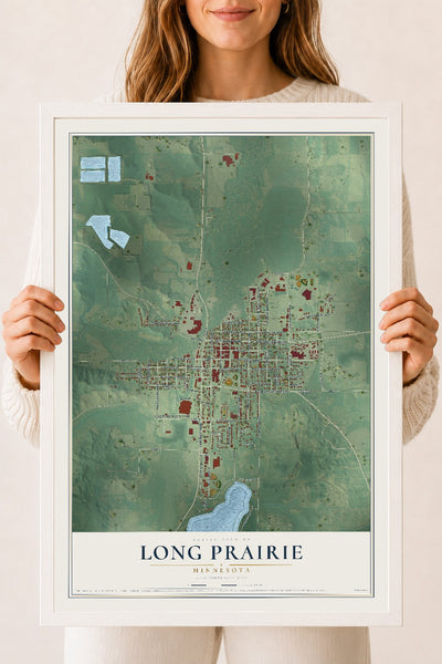 Map of Long Prairie, Minnesota, 18 x 24 inch print in a white wood frame