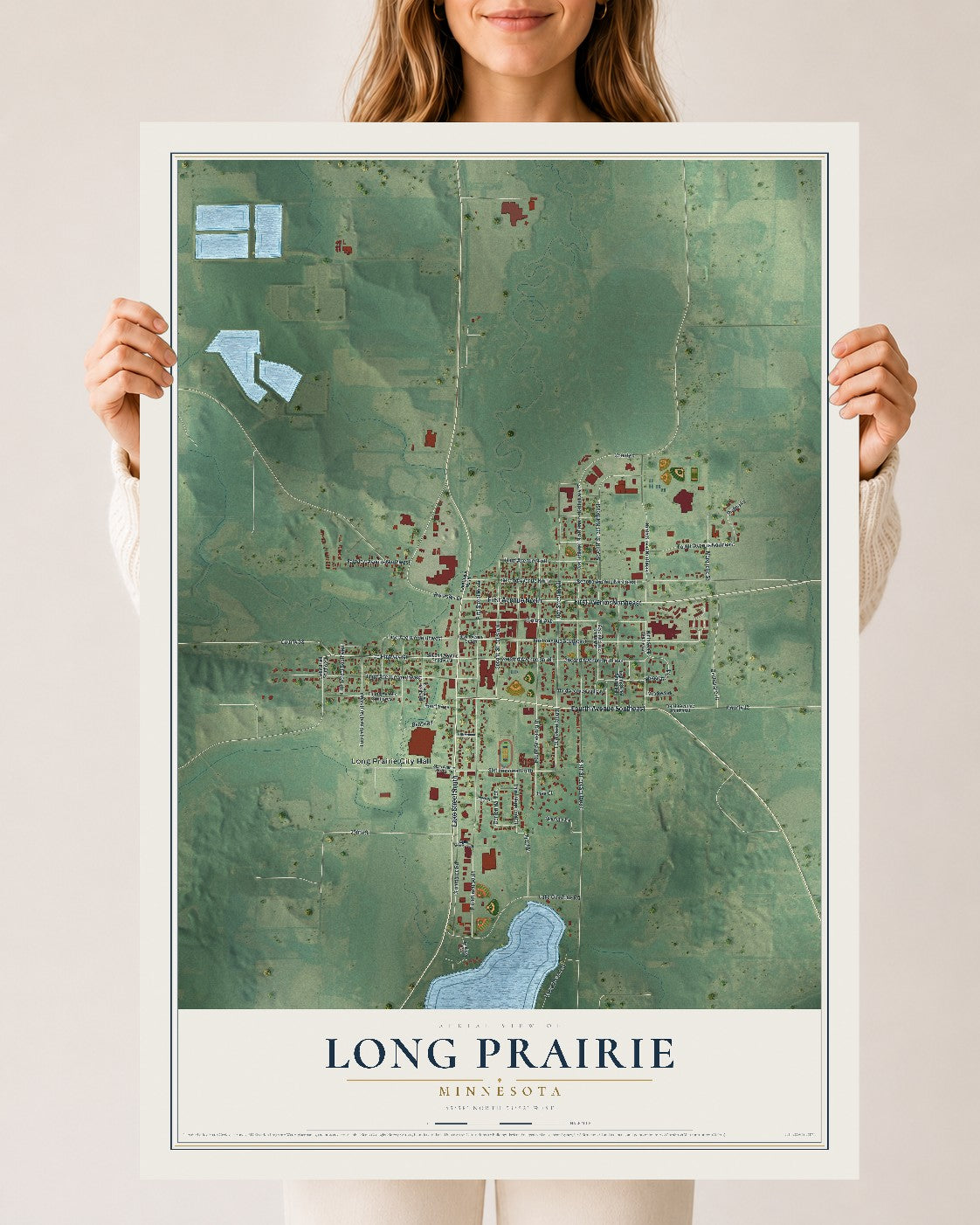 Map of Long Prairie, Minnesota, 24 x 36 inch unframed archival matte print