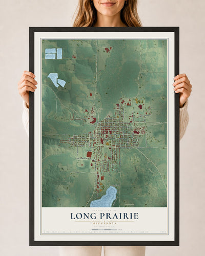 Map of Long Prairie, Minnesota, 24 x 36 inch print in a black wood frame