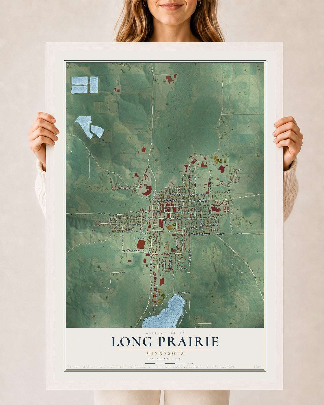 Map of Long Prairie, Minnesota, 24 x 36 inch print in a white wood frame