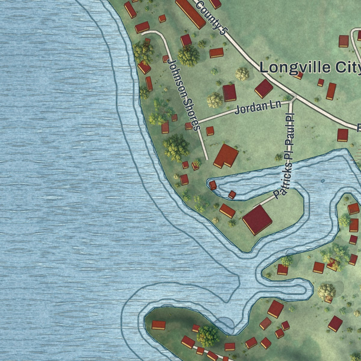 Close-up of the map of Longville, Minnesota print showing street and building detail