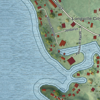 Close-up of the map of Longville, Minnesota print showing street and building detail