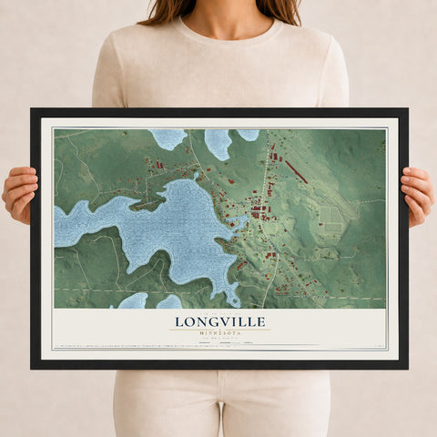 Map of Longville, Minnesota, 12 x 18 inch print in a black wood frame