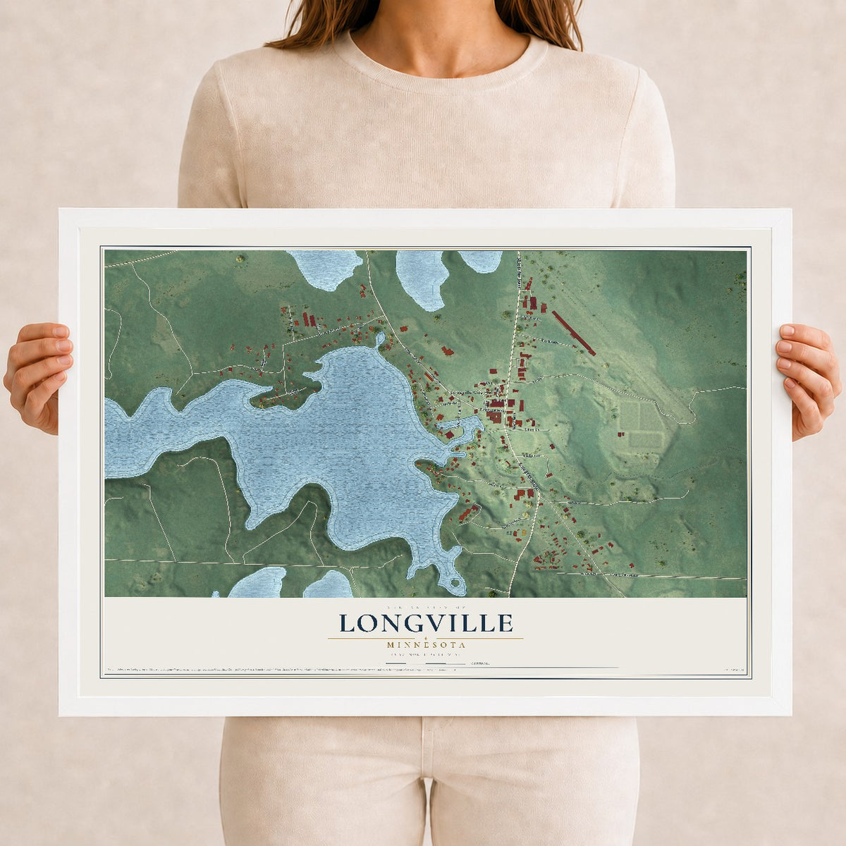 Map of Longville, Minnesota, 12 x 18 inch print in a white wood frame