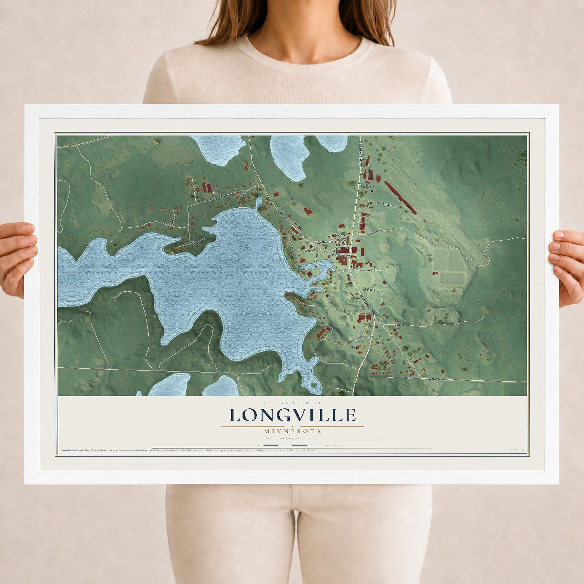 Map of Longville, Minnesota, 18 x 24 inch print in a white wood frame