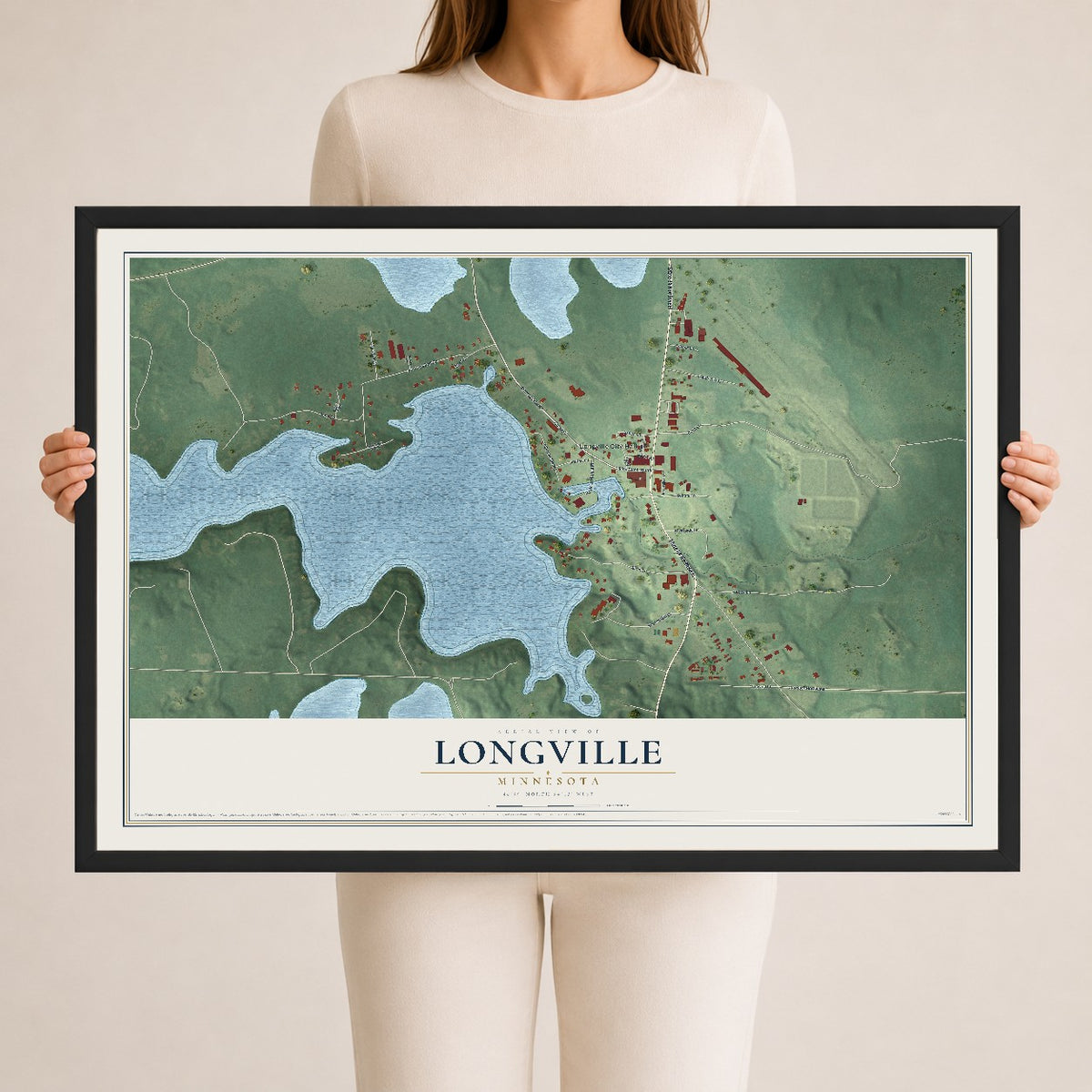Map of Longville, Minnesota, 24 x 36 inch print in a black wood frame