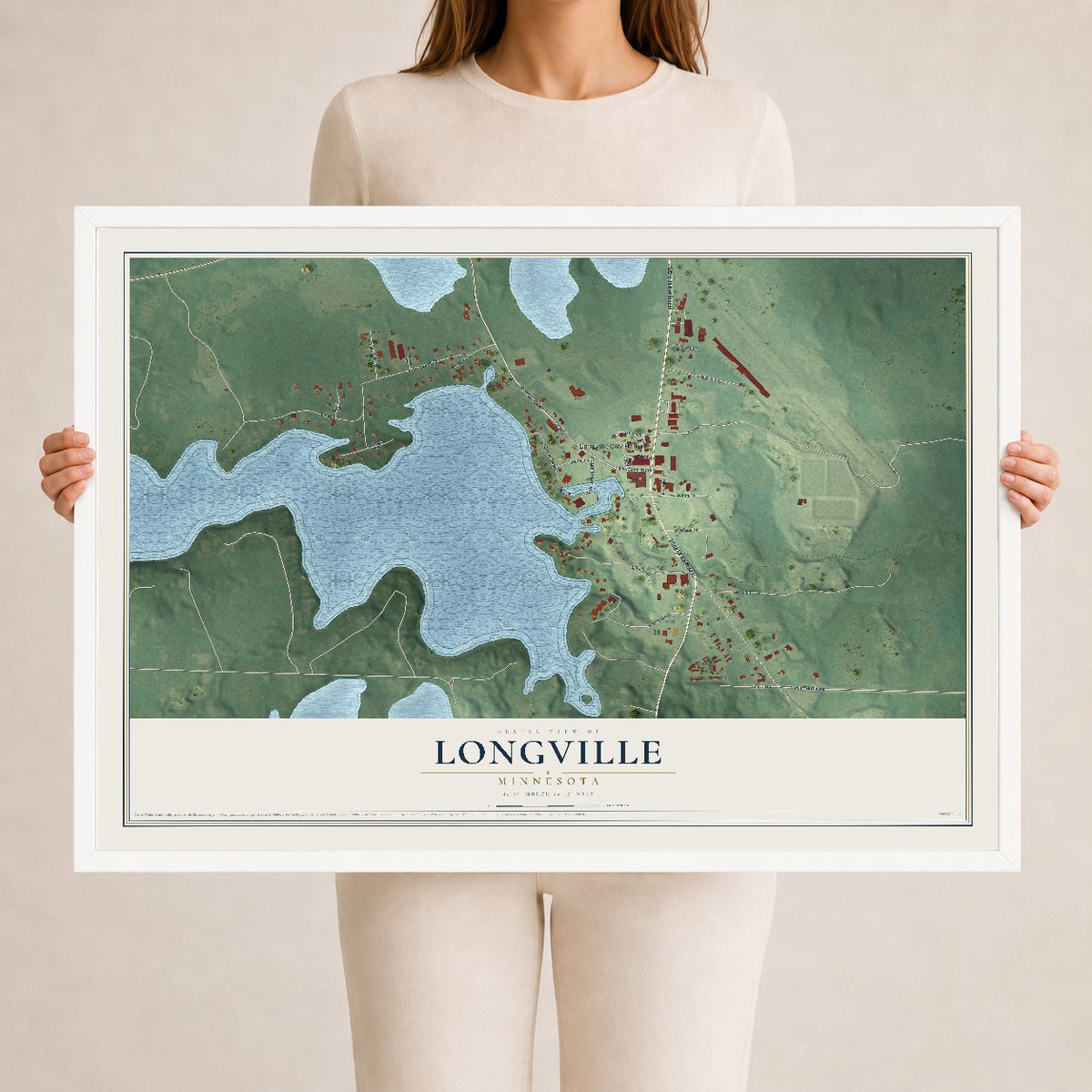 Map of Longville, Minnesota, 24 x 36 inch print in a white wood frame