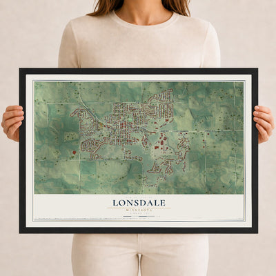 Map of Lonsdale, Minnesota, 12 x 18 inch print in a black wood frame