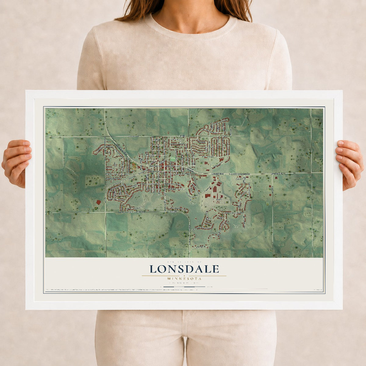 Map of Lonsdale, Minnesota, 12 x 18 inch print in a white wood frame