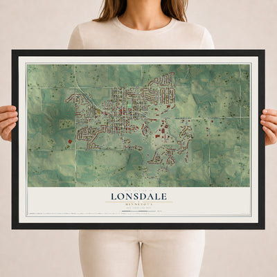 Map of Lonsdale, Minnesota, 18 x 24 inch print in a black wood frame