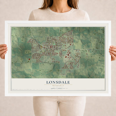 Map of Lonsdale, Minnesota, 18 x 24 inch print in a white wood frame