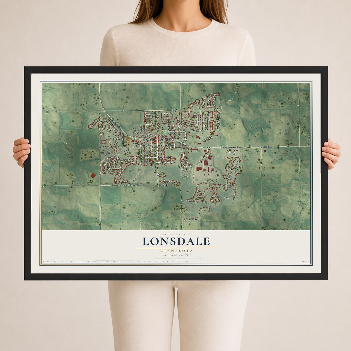 Map of Lonsdale, Minnesota, 24 x 36 inch print in a black wood frame
