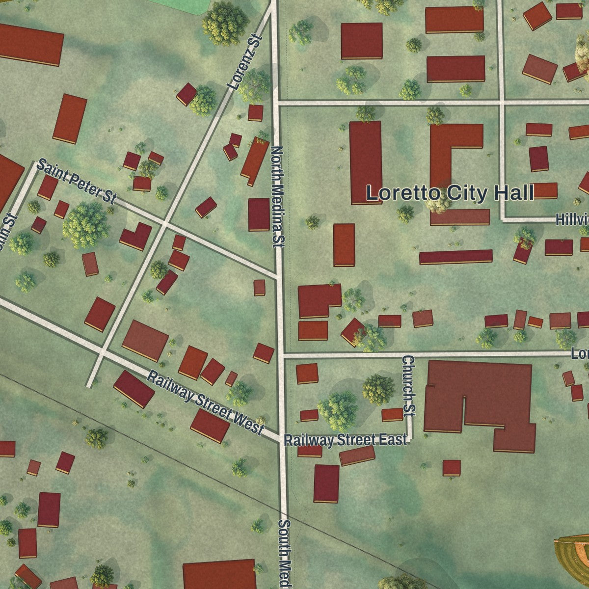 Close-up of the map of Loretto, Minnesota print showing street and building detail