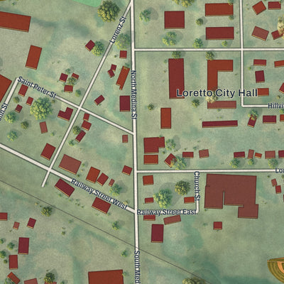 Close-up of the map of Loretto, Minnesota print showing street and building detail