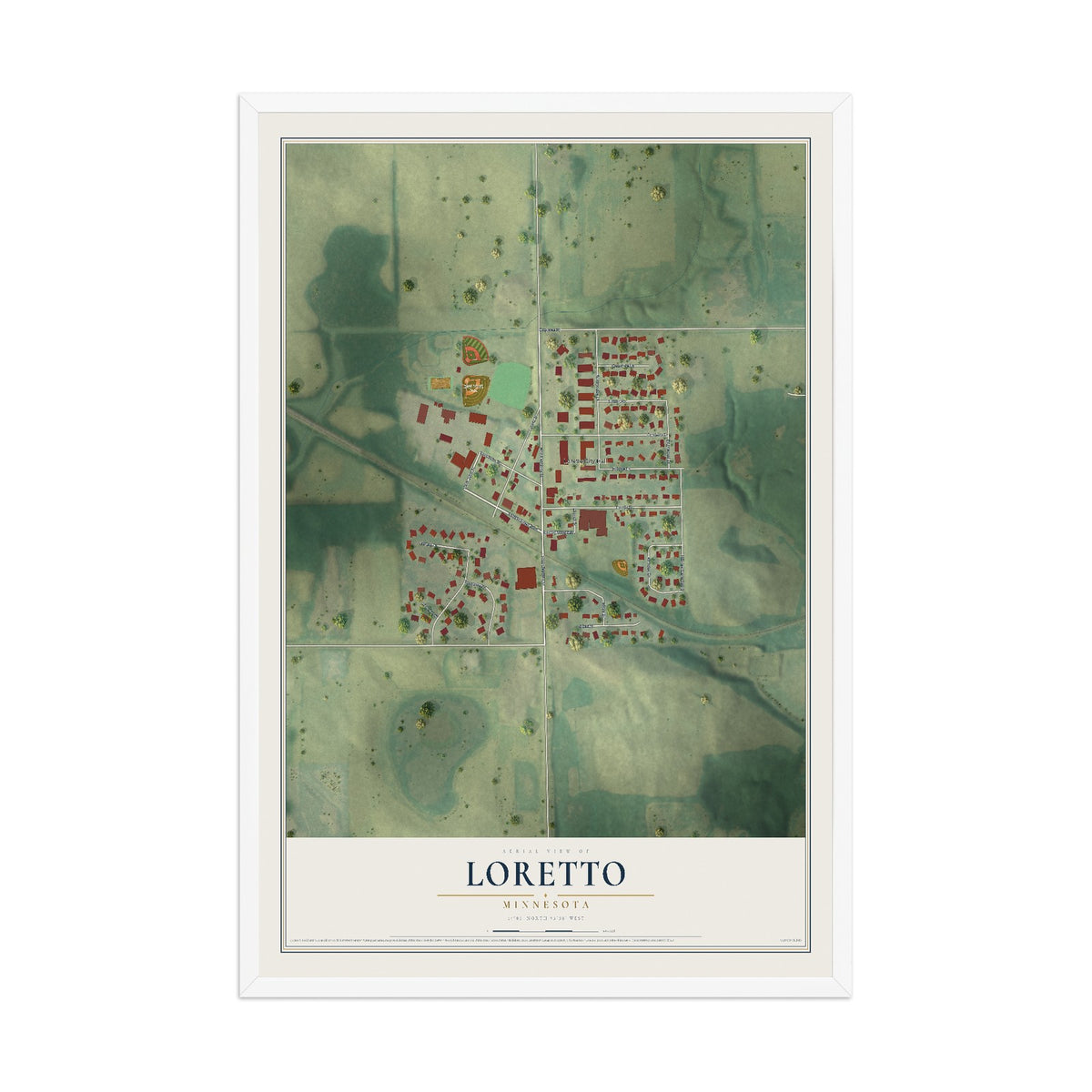 Map of Loretto, Minnesota, 12 x 18 inch print in a white wood frame