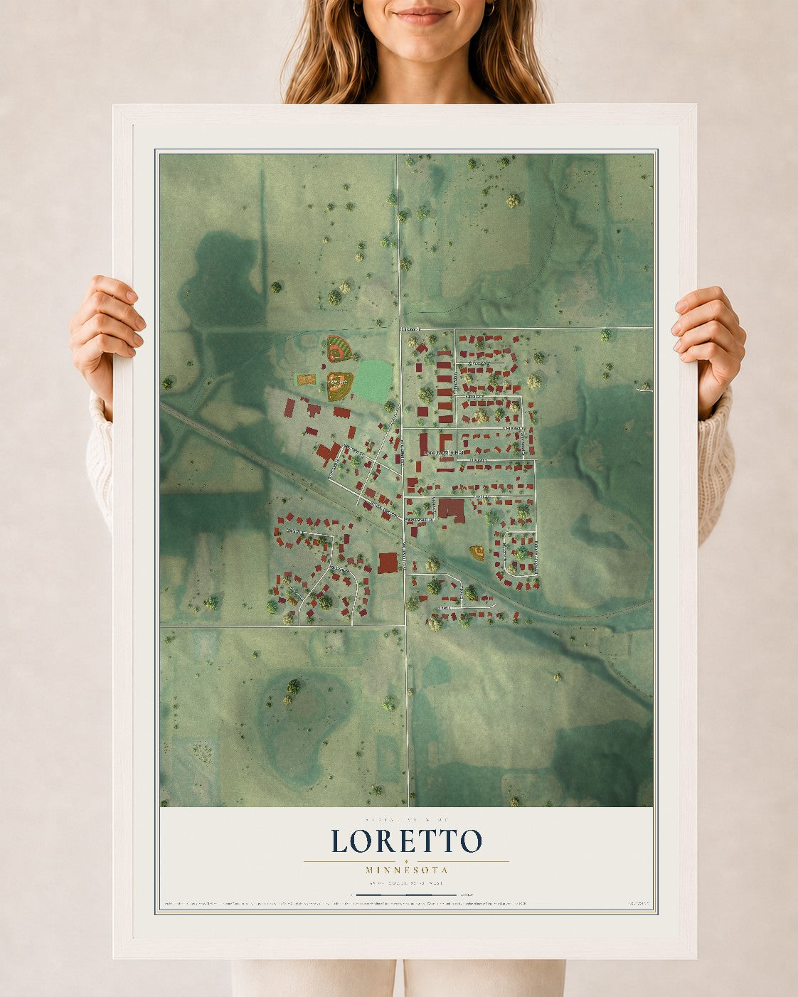 Map of Loretto, Minnesota, 24 x 36 inch print in a white wood frame