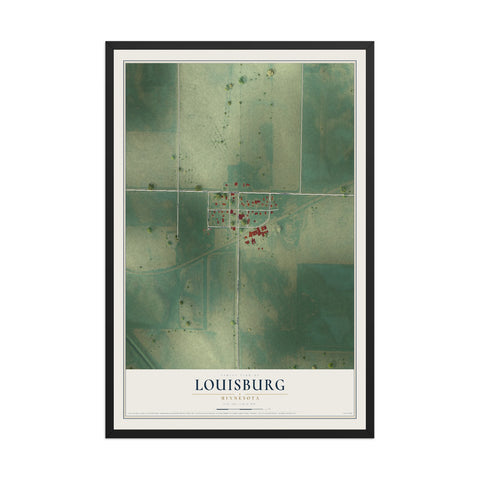 Map of Louisburg, Minnesota, 12 x 18 inch print in a black wood frame