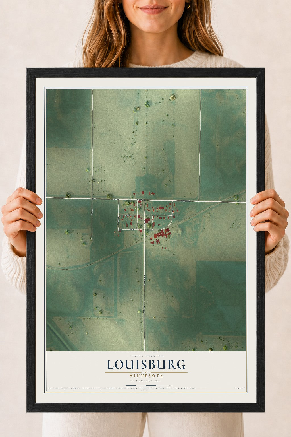 Map of Louisburg, Minnesota, 18 x 24 inch print in a black wood frame
