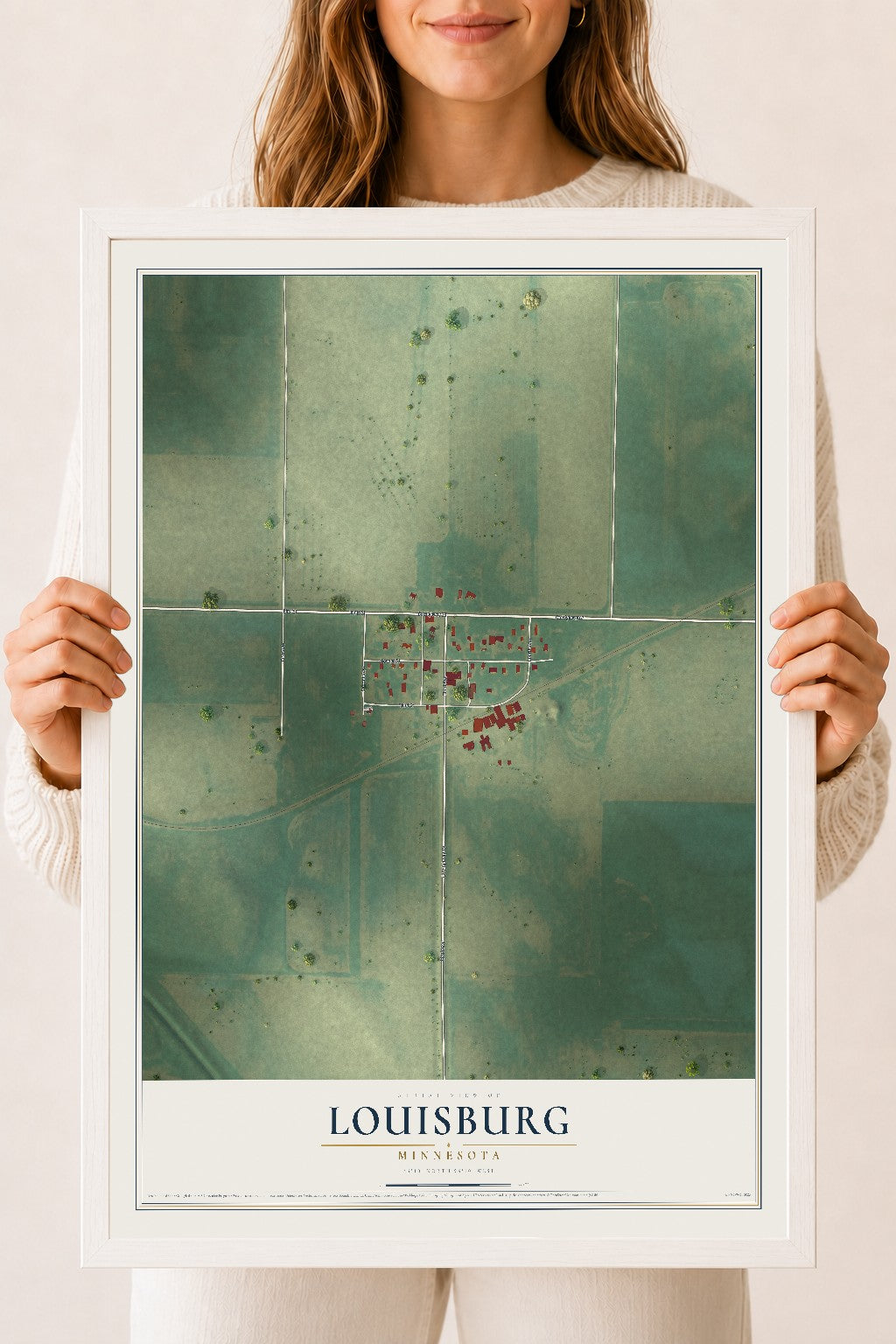Map of Louisburg, Minnesota, 18 x 24 inch print in a white wood frame