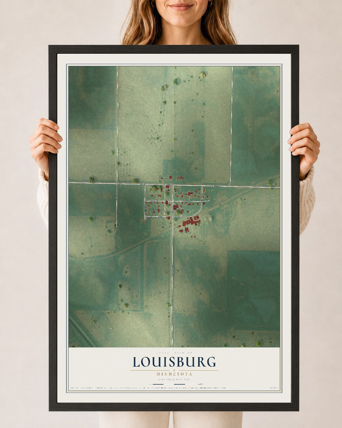 Map of Louisburg, Minnesota, 24 x 36 inch print in a black wood frame