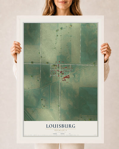 Map of Louisburg, Minnesota, 24 x 36 inch print in a white wood frame