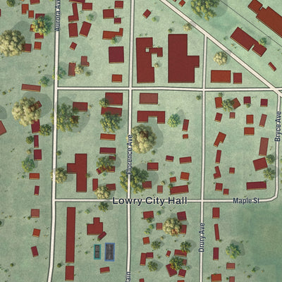 Close-up of the map of Lowry, Minnesota print showing street and building detail