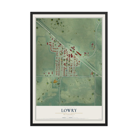 Map of Lowry, Minnesota, 12 x 18 inch print in a black wood frame