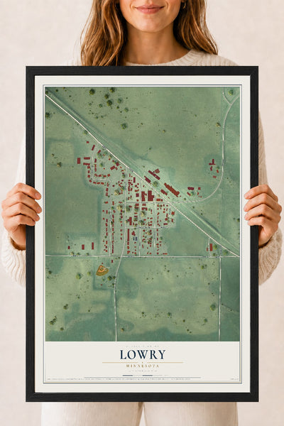 Map of Lowry, Minnesota, 18 x 24 inch print in a black wood frame